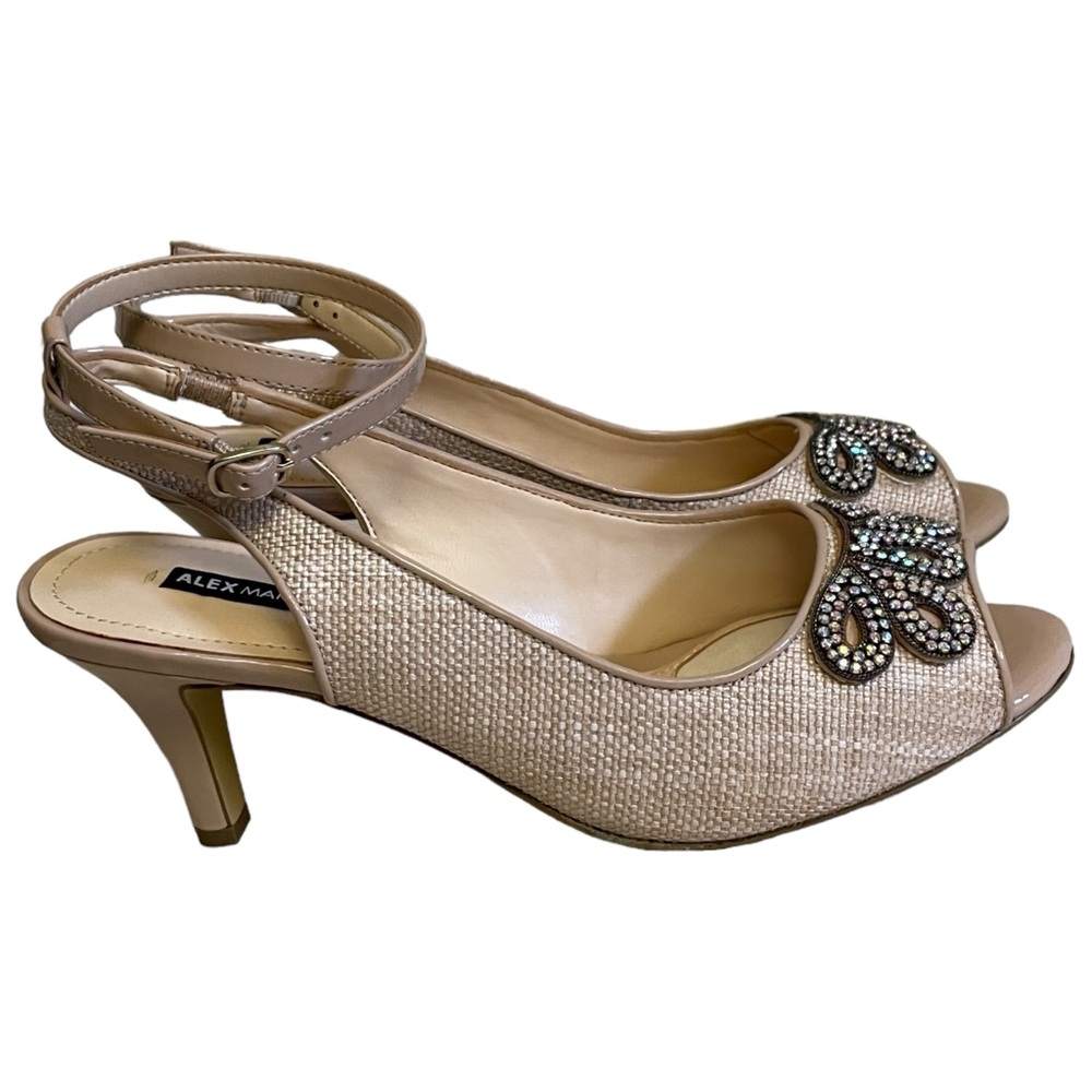 Alex Marie "Marla" Leather Ankle Strap Open Toe Heels Ceylon Beige Rhinestones